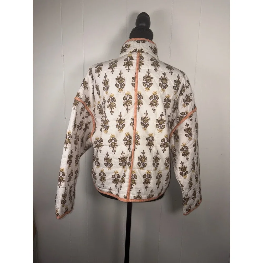Free People Chloe Quilted Jacket XS Peach Ivory Folk Print Boho Dolman Cropped